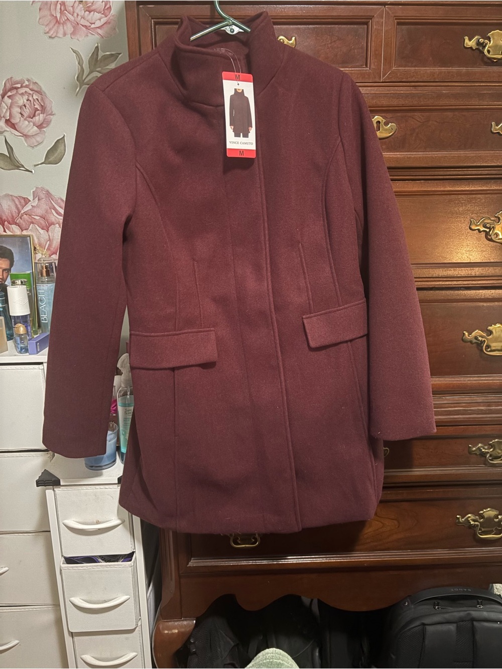 Women's Burgundy Wool-Blend Stand-Collar Coat Sz Medium